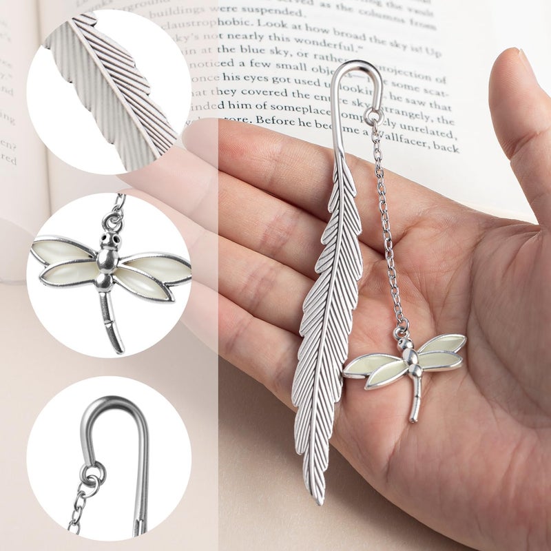 Cacukap Feather Dragonfly Bookmark - Glow in The Dark Fantasy Bookmark Gifts for Women & Men, Cool Bookmarks for Book Lovers (Silver Dragonfly) - Image 3